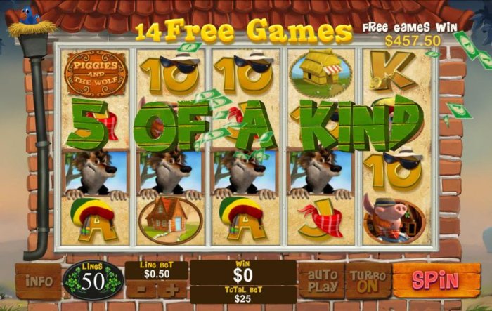 Five of a kind triggered during free game play by All Online Pokies