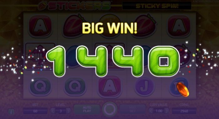 A big win triggered by strawberry five of a kind, 1,440 coins awarded for a big win. by All Online Pokies