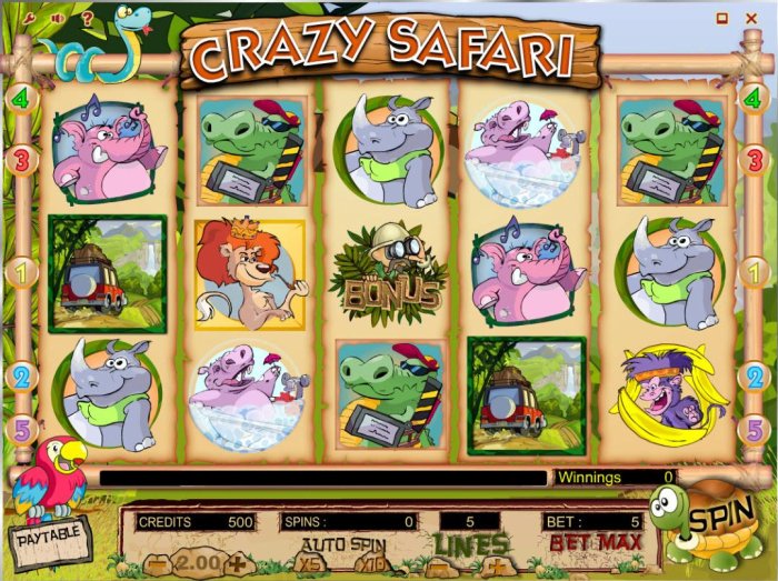 An animal safari themed main game board featuring five reels and 5 paylines with a $1,000,000 max payout. by All Online Pokies
