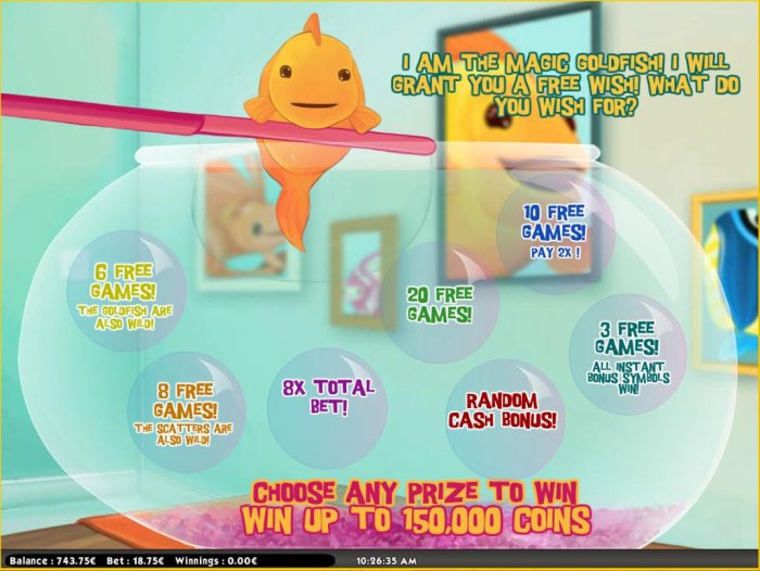 All Online Pokies - Gold Fish Bonus Round - Choose any prize to win up to 150,000 coins.