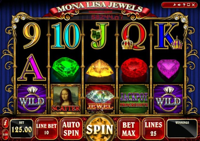 All Online Pokies - main game board featuring five reels, 25 paylines and a progressive jackpot