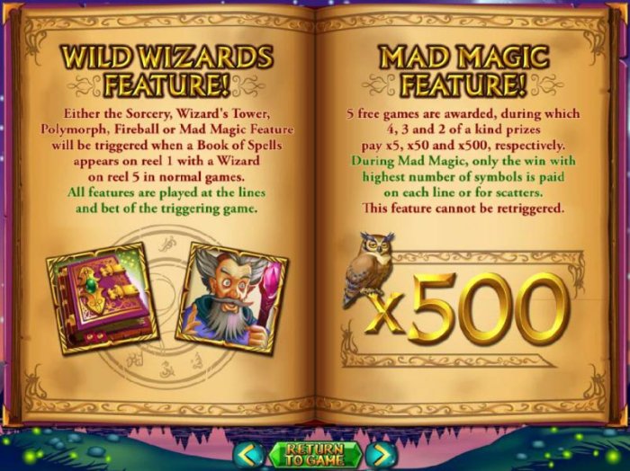 Mad Magic feature - 5 free games are awarded, during which 4, 3 and 2 of a kind prizes pay x5, x50 and x500, respectively. by All Online Pokies