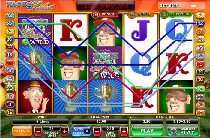 All Online Pokies - three trophy symbols and two wilds lead to a 62 coin jackpot
