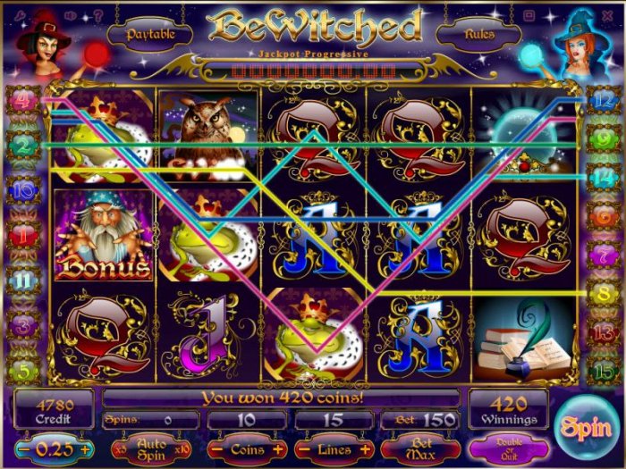 multiple winning paylines triggers a 420 coin jackpot - All Online Pokies