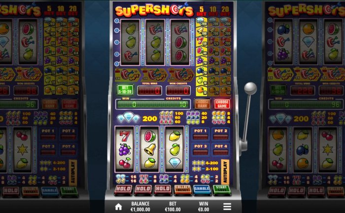 Main game board featuring three reels and 1 payline with a $20,000 max payout by All Online Pokies