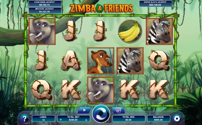 A safari themed main game board featuring five reels and 12 paylines with a progressive jackpots max payout - All Online Pokies