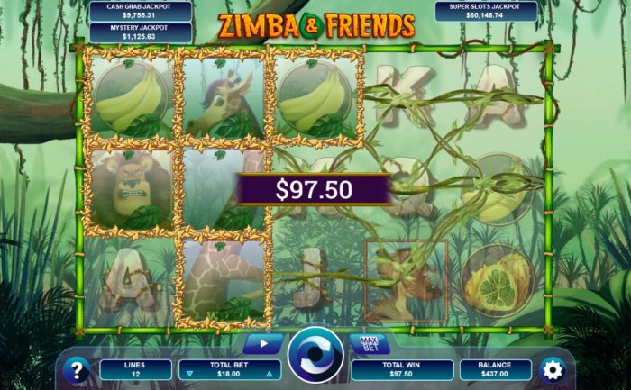 Expanded giraffe wild on reel 2 triggers multiple winning paylines leading to a 97.50 payout award. - All Online Pokies