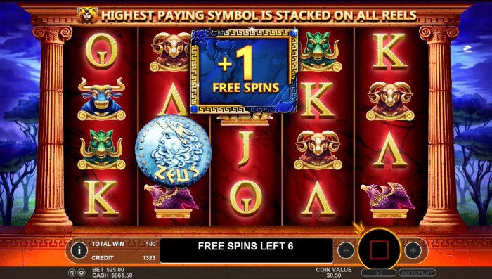 All Online Pokies - Landing a Zeus symbol on reels 2, 3 and 4 during the Free Spins round awards 1 addtional Free Spin.