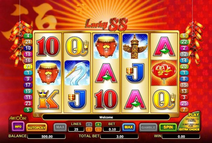 All Online Pokies - main game board featuring fives reels and 25 paylines with an 888x max payout