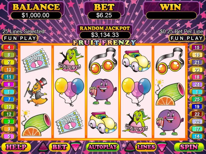A fruit themed main game board featuring five reels and 25 paylines with a $50,000 max payout - All Online Pokies