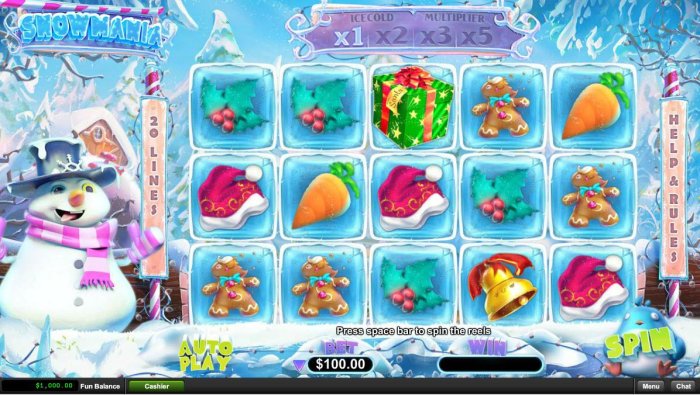 All Online Pokies - A snowy winter themed main game board featuring five reels and 20 paylines with a $250,000 max payout