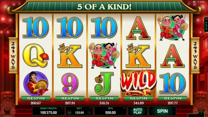 All Online Pokies - A wild symbol completes a five of a kind winning combination leading to a 500.00 jackpot.