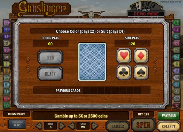 gamble feature game board - choose color or suit for a chance to increase your winnings - All Online Pokies