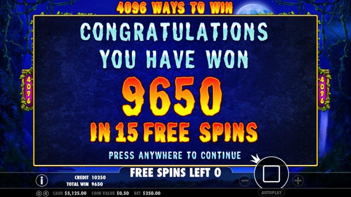 Free Spins game pays out a total of 9650 credits by All Online Pokies