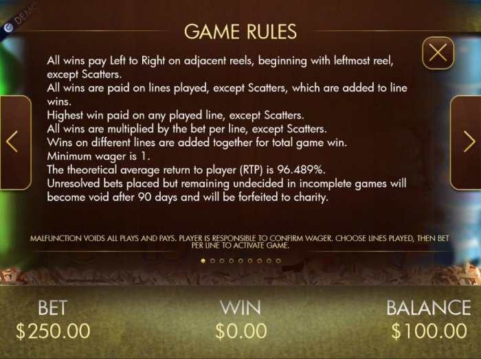 General Game Rules - The theoretical average return to player (RTP) is 96.489%. by All Online Pokies