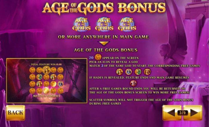 Three or more Age of the Gods scatter symbols anywhere in main game awards the Age of the Gods Bonus. by All Online Pokies