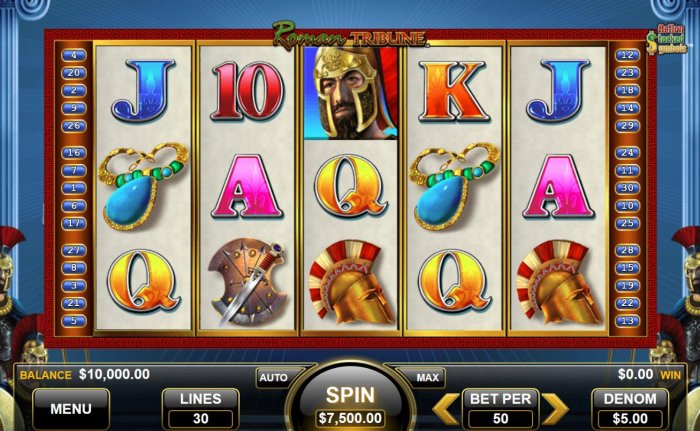 All Online Pokies - Main game board featuring five reels and 30 paylines with a $250,000 max payout.