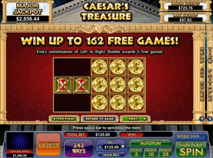 All Online Pokies - Win up to 162 Free Games! Every combination of left to right Shields awards 6 free games.