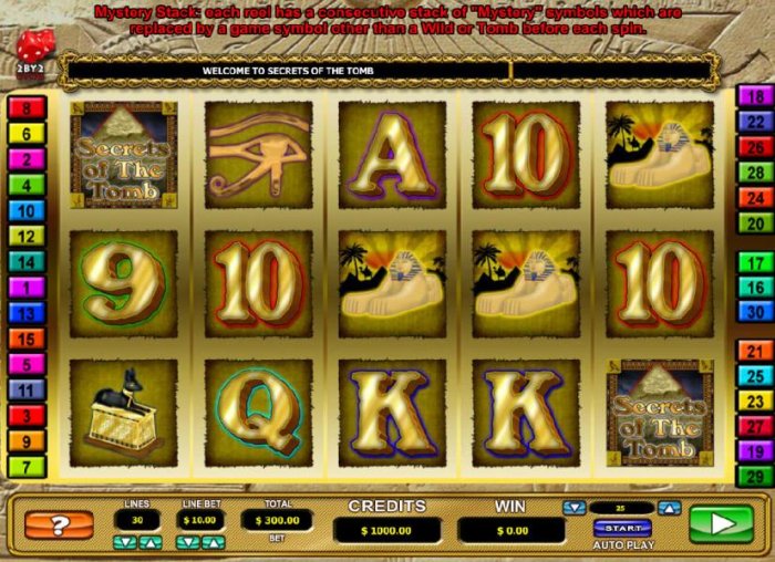 Main game board featuring five reels and 30 paylines with a $10,000 max payout - All Online Pokies