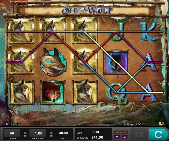 Stacked wolf wild symbols trigger multiple winning paylines awarding player with a 120.00 jackpot. by All Online Pokies