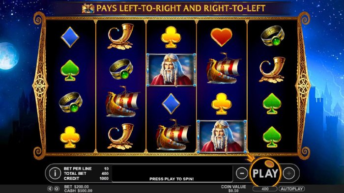 Main game board featuring five reels and 40 paylines with a $500,000 max payout - All Online Pokies