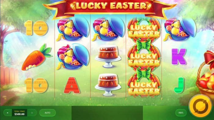 An Easter holiday themed main game board featuring five reels and 20 paylines with a $20,000 max payout. - All Online Pokies