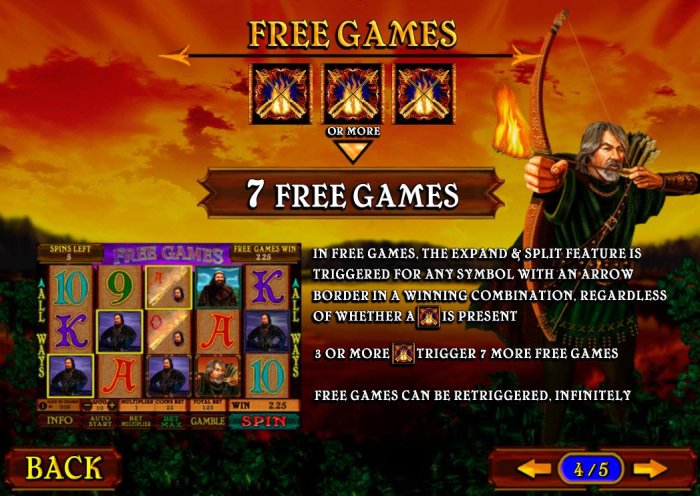 Free Games - Three or more Flaming Arrow symbols triggers 7 Free Games. by All Online Pokies