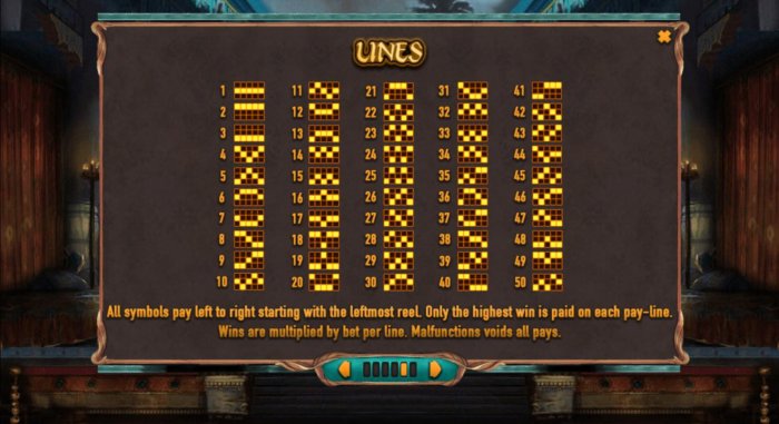 Payline Diagrams 1-50. All symbols pay left to right starting with the leftmost reel. Only the highest win is paid on each pay-line. Wins are multiplied by bet per line. - All Online Pokies