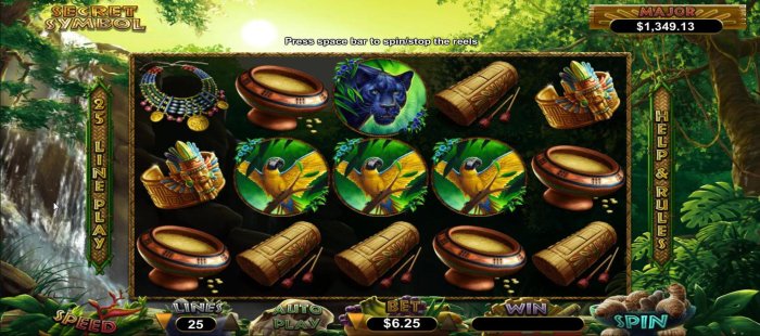 Main game board featuring five reels and 25 paylines with a $12,500 max payout. The theme of this game is based upon the ancient Aztec Cvilization. by All Online Pokies