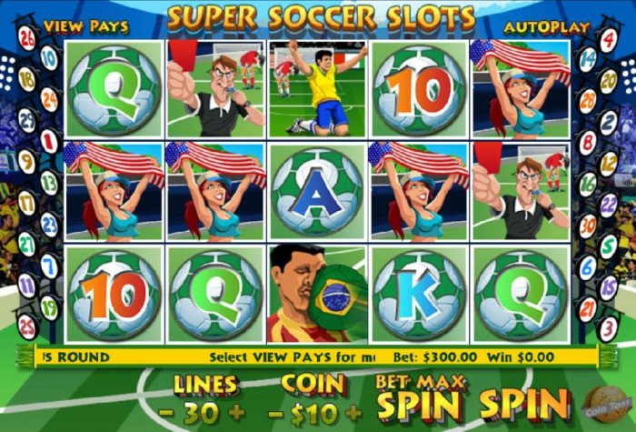 Main game board based on a soccer sporting theme, featuring five reels and 30 paylines with a $250,000 max payout by All Online Pokies
