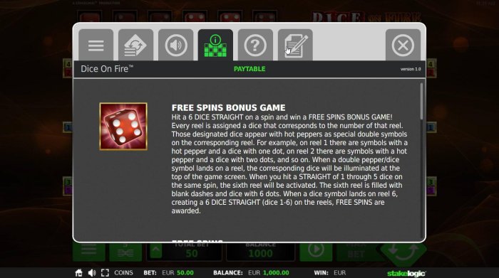All Online Pokies - Free Spins Bonus Game Rules - Hit a 6 dice straight on a spin and win a free games bonus game.