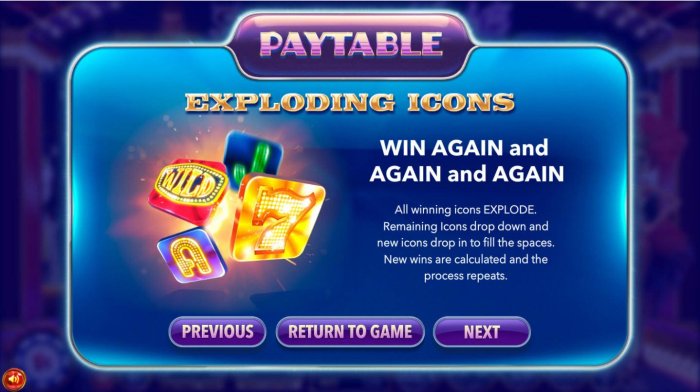 All Online Pokies - Exploding Icons - Win Again and Again and Again! All winning icons explode. Remaining icons drop down and new icons drop in to fill the spaces. New wins are calculated and the process repeats.