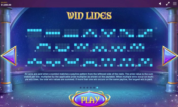 Payline Diagrams 1-20. All wins are paid when a symbol matches a payline pattern from the leftmost side of the reels. - All Online Pokies