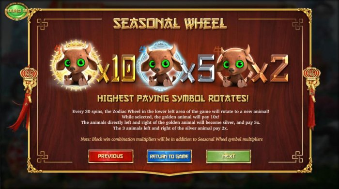 Seasonal Wheel, Highest paying symbol rotates! Every 30 spins, the zodiac wheel in the lower left area of the game will rotate to a new animal! While selected, the golden animal will pay 10x! The animals directly left and right of the gold animal will bec