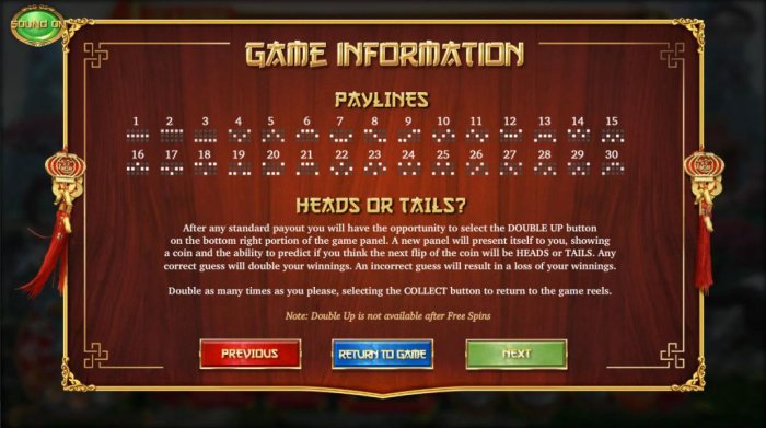 Payline Diagrams 1-30. Heads or tails game rules. by All Online Pokies