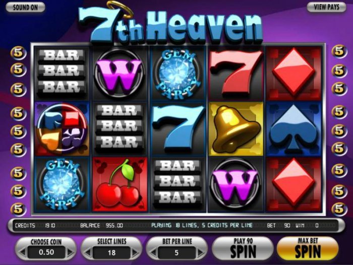 All Online Pokies - Main game board featuring five reels, 18 paylines and a 7500x max payout.