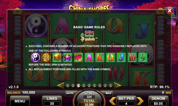 All Online Pokies - Action Stacked Symbols - Each reel contains a number of adjacent positions that are randomly replaced with one of the following symbols, before the reel spin is initiated