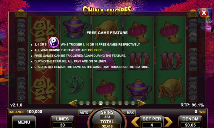 All Online Pokies - 3, 4 or 5 yin-yang-scatter symbols trigger 8, 10 or 15 free games respectively with all wins doubled during feature