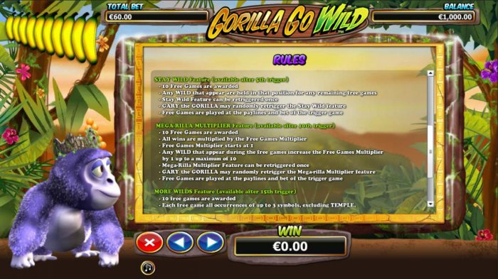 Stay Wild Feature Rules and Mega-Rilla Multiplier Feature - All Online Pokies