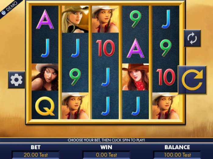 A female outlaw western themed main game board featuring five reels and 1024 ways to win with a $20,000 max payout by All Online Pokies