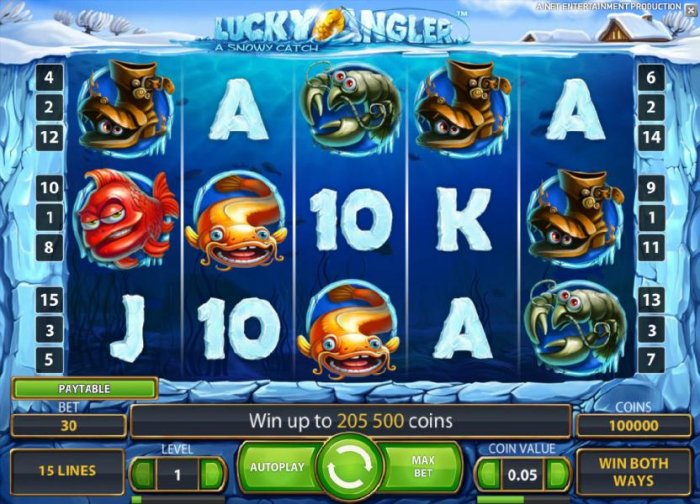 main game board featuring five reels, 15 paylines, win both ways and a chance to win up to 205500 coins - All Online Pokies