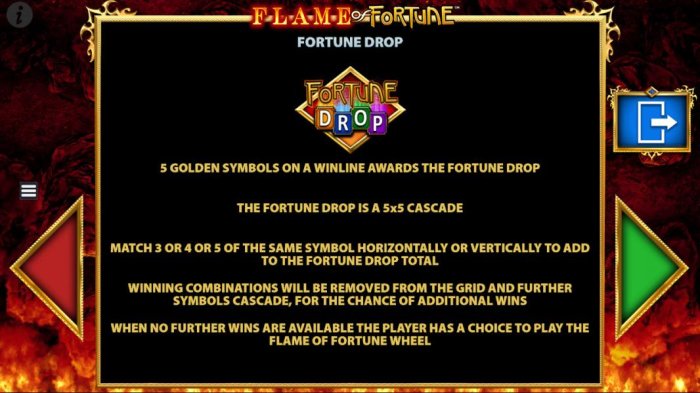 All Online Pokies - 5 Golden Symbols on a winline awards the Fortune Drop. This is a 5x5 cascade game. Match 3, 4 or 5 of the smae symbols horizontally and/or vertically to add the the Fortune Drop total.