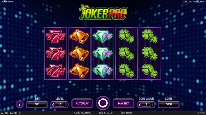A joker themed main game board featuring five reels and 10 paylines with a $1,000,000 max payout - All Online Pokies