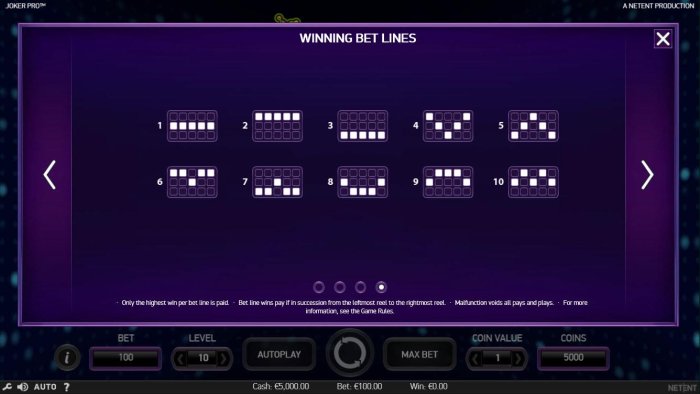 All Online Pokies - Payline Diagrams 1-10. Only the highest win per bet line is paid. Bet line wins pay if in succession from the leftmost reel to the rightmost reel.