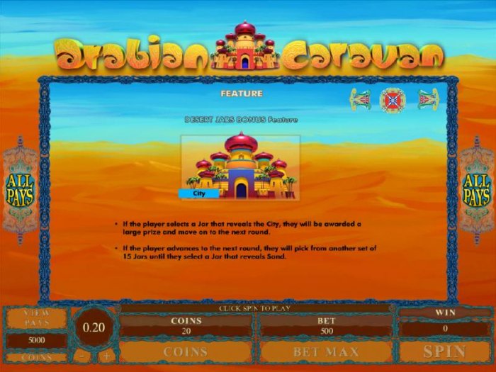 Desert Jars Bonus Feature - If the player selects a jar that reveals the city, they will be awarded a large prize and move on to the next round. - All Online Pokies