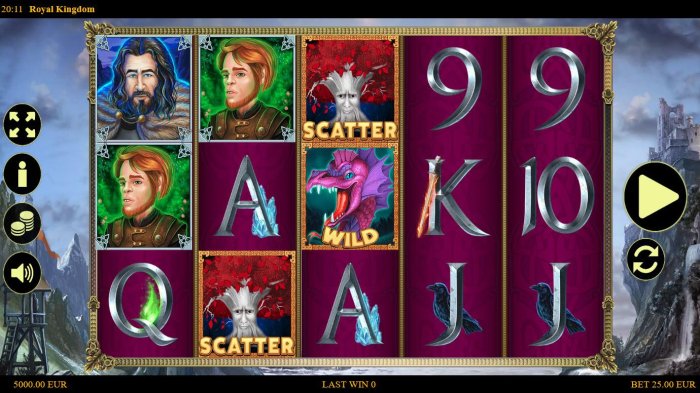Main game board featuring five reels and 25 paylines with a $1,000 max payout. - All Online Pokies