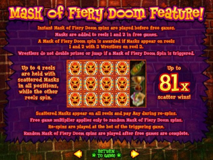 Mask of Fiery Doom Feature - Instant Mask of Fiery Doom spins are played before free games - All Online Pokies