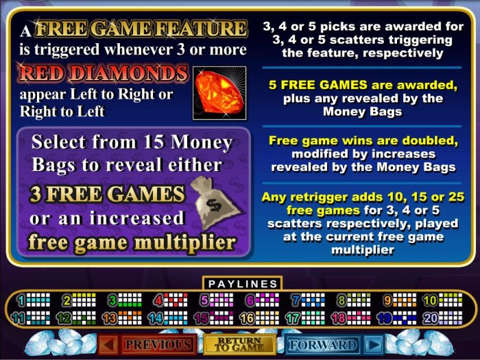 A free games feature is triggered whenever 3 or more red diamonds appear left to right. Select from 15 money bags to reveal either 3 free games or an increased free game multiplier. - All Online Pokies