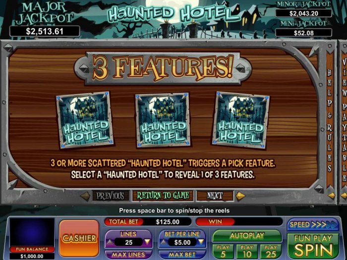 3 or more scattered Haunted Hotel triggers a Pick Feature. Select a Haunted Hotel to reveal 1 or 3 features. by All Online Pokies