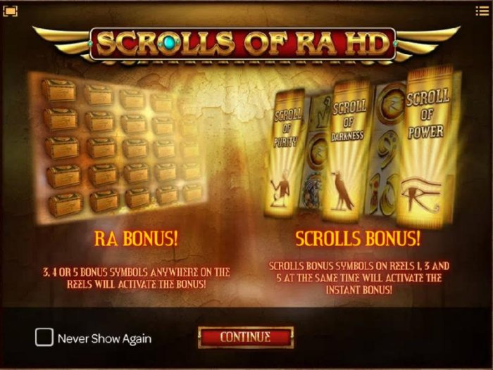 Game features the RA Bonus and The Scrolls Bonus - All Online Pokies